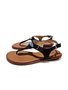 Michael Kors MK Women's Sz 9M Plate Logo Thong Flat Black/Brown Sandals PV21K